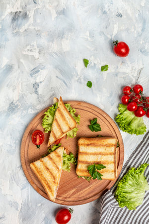 Delicious fresh toast grill with cheese and ham. Pressed and toasted double quick snack. vertical image, place for text.の写真素材