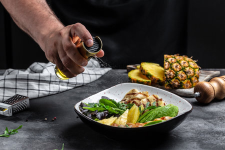Healthy green vegetables buddha bowl with chicken breast, halloumi, avocado, green rocket salad,...