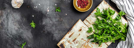 background of cooking. Ingredients for cooking food menu on black background. banner, menu recipe...