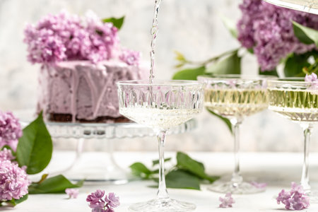 prosecco, champagne, wine and blueberry tart with bouquet of purple blooming lilacs, postcard, background. french cuisine.の写真素材