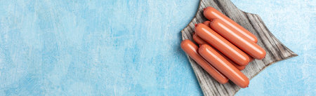 Vegan sausages, protein seitan meatless soy wheat classic taste vegetarian or vegan snack ready to eat, Clean eating, plant based food concept, Long banner format. top view,の写真素材