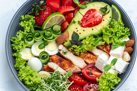 Healthy keto, ketogenic lunch menu with grilled chicken meat, avocado, feta cheese, quail eggs, strawberries, nuts and lettuce. Roasted chicken breast, fillet and fresh vegetable salad, top view.の写真素材