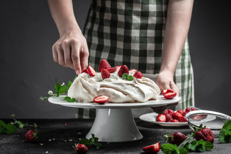 delicious homemade pavlova cake with fresh strawberries and whipped cream. Female baker decorating delicious meringue cake.の写真素材