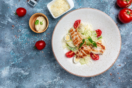 Caesar salad with lettuce, Chicken Fillet and Parmesan Cheese, banner, menu, recipe place for text, top view,の写真素材