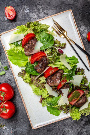 Warm salad from chicken liver grilled, salad leaves, parmesan cheese and cherry tomatoes. Health food. Diet menu. vertical image. top view. place for text.の写真素材
