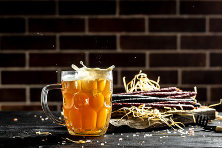 Beer near brick wall with snacks for beer. Spicy, smoked sausages for beer, banner, menu, recipe...