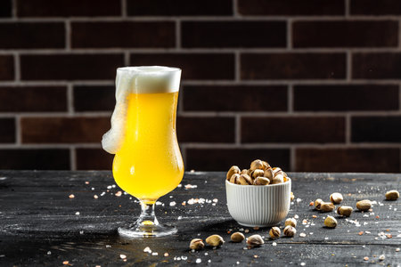 craft beer, tall glass with a thick foam with gourmet snacks for beer, splash. place for text.の写真素材