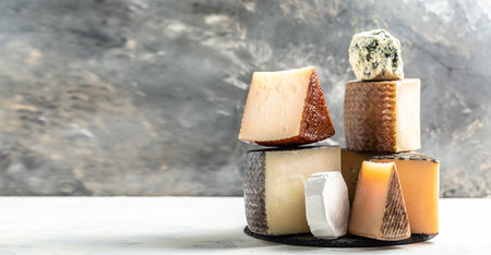 Different sorts of cheese on Light background with copy space. Long banner format.の写真素材