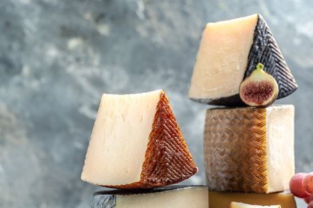 Variety of aged cheese spread. spanish manchego cheese, banner, menu, recipe place for text.の写真素材