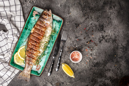 Grilled trout barbeque with lemon, Healthy eating concept. banner, menu, recipe place for text, top view.の写真素材