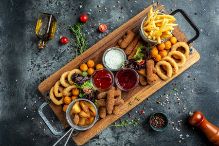 fast food meals mozzarella sticks, onion rings, french fries, chicken nuggets and sauce. pub appetizers on a wooden board. banner, menu, recipe place for text, top view.の写真素材