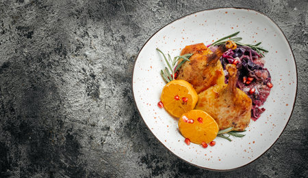 Roasted goose legs with oranges and red cabbage. Cooking at Christmas time. banner, menu, recipe place for text, top view.の写真素材