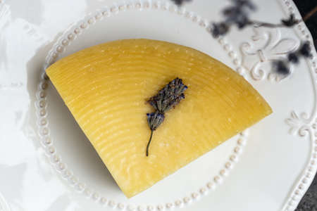 A piece of cheese with herbs on white plate. lavender cheese with dry lavender flowers.