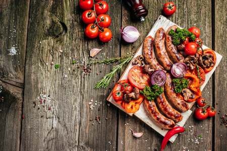 Barbecue menu. Grilled meat assortment of tasty bbq snacks with vegetables on wooden board. banner, menu, recipe place for text, top view.の写真素材