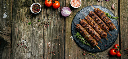 kebab of lamb, Lula kebab on skewers with spices on plate wooden background. Long banner format. top view.の写真素材