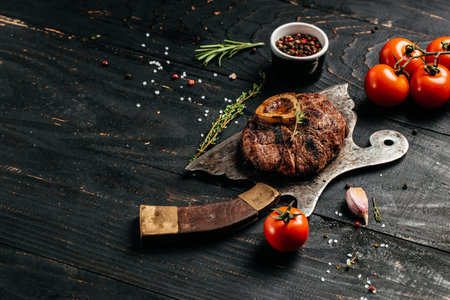 grilled veal Osso Buco steak on metal meat cleaver on black background. top view.の写真素材