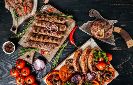Delicious assortment of meat and vegetables grilling on a BBQ with pork sausages, minced beef meat...
