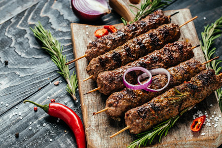 grilled Lula kebab on skewers. Lula kebab, traditional Caucasian dish. top view.の写真素材