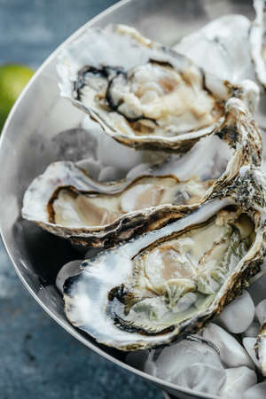 Close up Oysters on metal copper plate with lime, lemon and ice. Oyster dinner in a restaurant. vertical image. top view.の写真素材