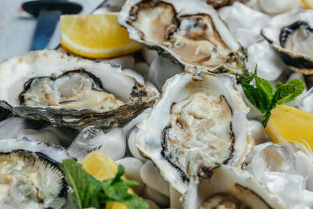 Fresh oysters platter with sauce and lemon. Oyster dinner with champagne in restaurant. Food recipe background. close up.の写真素材