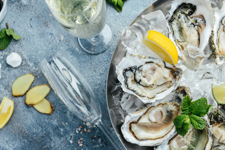 Oysters platter with lemon, lime and ice. Healthy food, gourmet food. Oyster dinner in a restaurant.の写真素材