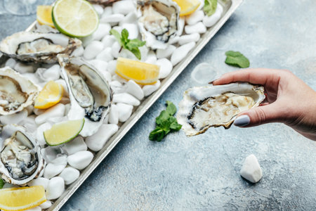 Oysters with wine, lemon, and a shucking knife. Oyster dinner with champagne in restaurant. banner, menu, recipe place for text, top view.の写真素材