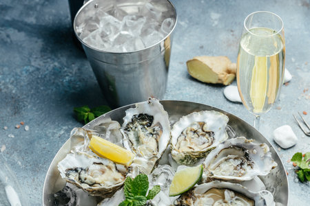 Fresh raw oysters with champagne in restaurant. Fresh Oysters with lime, lemon and ice.の写真素材