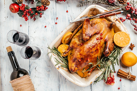 Traditional roasted stuffed Christmas Peking duck with rosemary and oranges on wooden background. top view.の写真素材