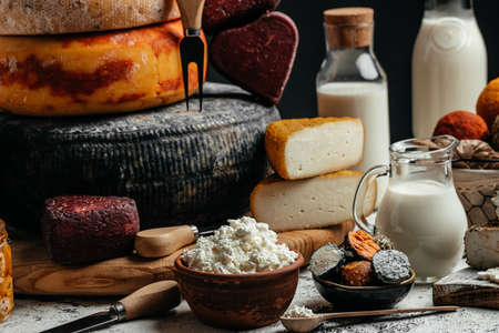various types of cheese, Various kind of dairy products cheese, traditional pieces of french and italy hand-made cheese. Food recipe background. close up,の写真素材