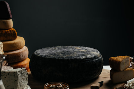 Different homemade cheeses on a dark background. banner, menu, recipe place for text.の写真素材