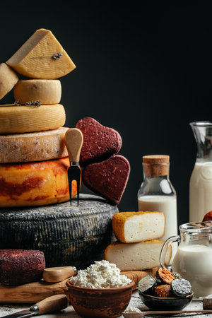 Cheese composition. Various dairy products. Ecology and eco-products, tasty and healthy food. vertical image. place for text.の写真素材