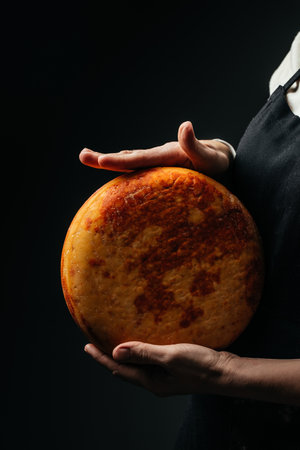 A head of hard cheese in man's cheesemaker hands. Different delicious dairy products.