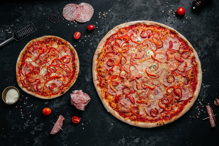 Hot delicious two pizzas, Italian pizza and pizza cooking ingredients. banner, menu, recipe place for text, top view.の写真素材