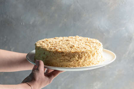 Napoleon cake. multi layered cake with pastry cream, Traditional French dessert, banner, menu,...