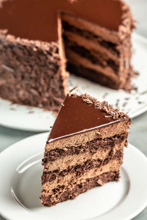 Piece of delicious chocolate cake on a plate. vertical image. top view.