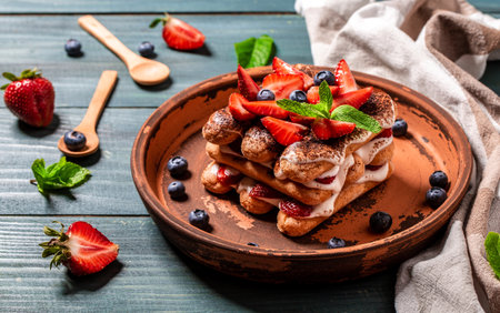 Summer dessert, classic tiramisu with strawberries decorated with mint leaves, catering, banner,...