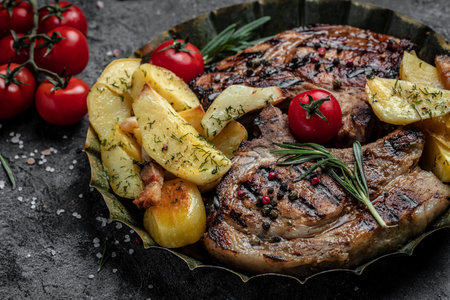 Pork chop steak on metal tray. organic food. fresh pork meat. Restaurant menu, dieting, cookbook recipe.の写真素材