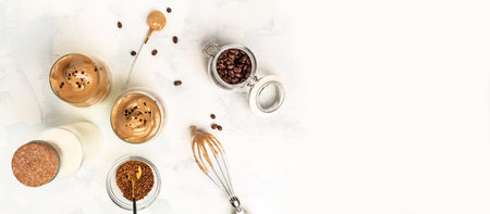 dalgona coffee, whipped instant Korean coffee drink instant coffee or espresso powder whipped with sugar and hot water. coffee trend,の写真素材