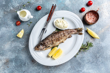 Grilled fresh sea bass. Mediterranean fish, baked with herbs and lemon. banner, menu, recipe place...