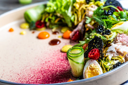 Salad with fish. Fresh green salad with smoked trout, eggs and herbs, catering, banner, menu, recipe, place for text.の写真素材