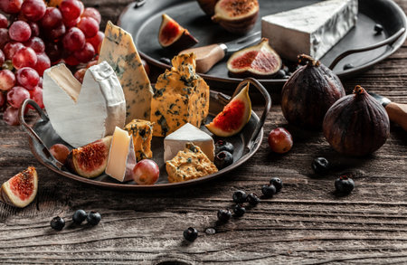 Various kind of cheese, traditional pieces of french, italy and spanish manchego cheese with grapes...