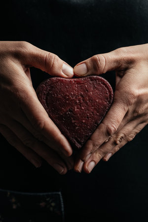 Female hands holding Red Heart shaped hard cheese on a dark background. vertical image. place for text,の写真素材