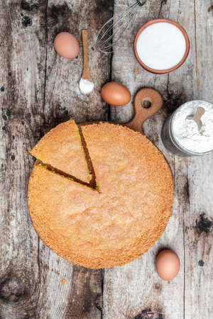 biscuit cake. Homemade classic sponge cake or biscuit. Bakery background concept. banner, menu recipe place for text.の写真素材