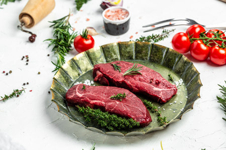 Pieces of cooked rump steak with spices served on old meat tray. Steak of marbled beef black Angus. Raw beef ramp steak, top view,の写真素材