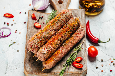 raw Lula kebab on skewers with spices on a cutting board light background. Lula kebab, traditional...