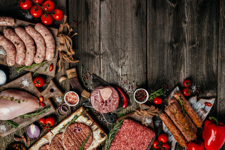 Various kinds of grill and bbq raw meats. Chicken, steak, sausages, minced beef meat kebabs, pork with herbs, spices on wooden background. Long banner format. top view.の写真素材