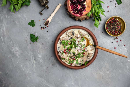 Staffed Mushrooms with meat and cream cheese, Restaurant menu, dieting, cookbook recipe top view,の写真素材