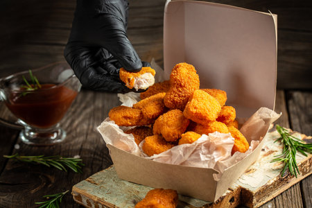 Close-up of the hands holding home made tasty Chicken nuggets and sauce in paper box on a wooden background. american food concept. fast food meal. banner, menu, recipe, place for text.の写真素材