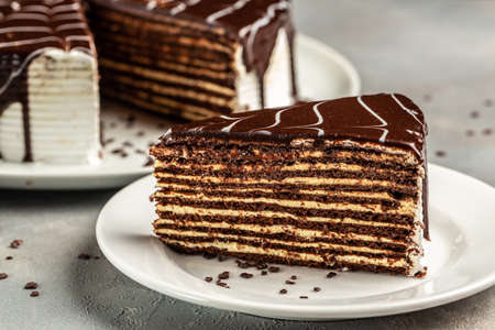 Delicious chocolate Prague cake, delicious chocolate cake. Food recipe background. close up. layered...