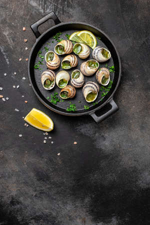 Snails baked with sauce, Bourgogne Escargot Snails. Baked snails with butter and spice. gourmet food. vertical image. top view. place for text.の写真素材